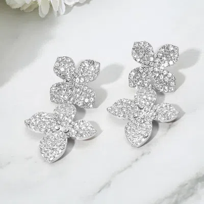 Fashnzfab Rhinestone Paved Double Flower Link Drop Evening Earrings - Clear, Silver In Metallic