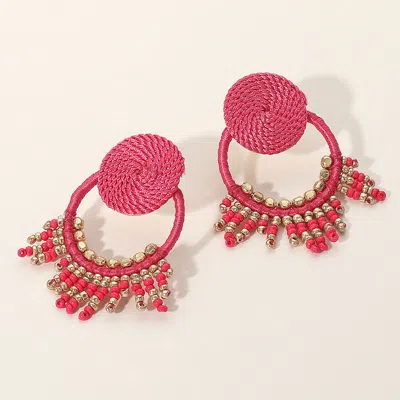 Fashnzfab Rope Wrapped Beaded Fringe Open Circle Earrings - Pink In Pink