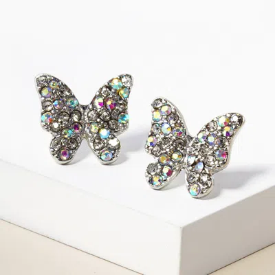 Fashnzfab Rhinestone Paved Butterfly Stud Earrings - Ab, Rhodium In Metallic
