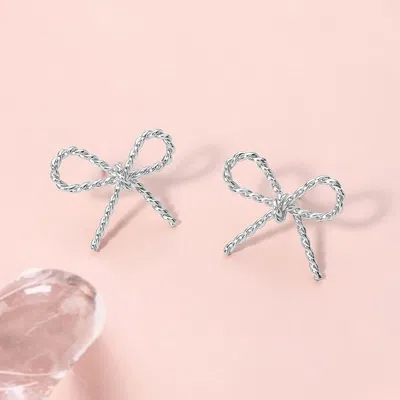 Fashnzfab Rope Brass Metal Wire Bow Knot Stud Earrings - Rhodium In Metallic