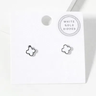 Fashnzfab White Gold Dipped Quatrefoil Stud Earrings - Rhodium, White In Metallic