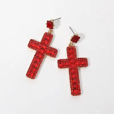 Fashnzfab Square Glass Stone Cross Dangle Earrings - Gold, Siam In Red