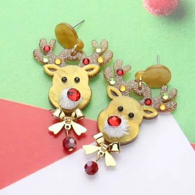 Fashnzfab Stone Embellished Glittered Resin Rudolph Dangle Earrings - Neutral In Animal Print