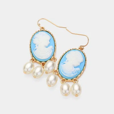 Fashnzfab Triple Pearl Embellished Cameo Dangle Earrings - Light Blue In Blue