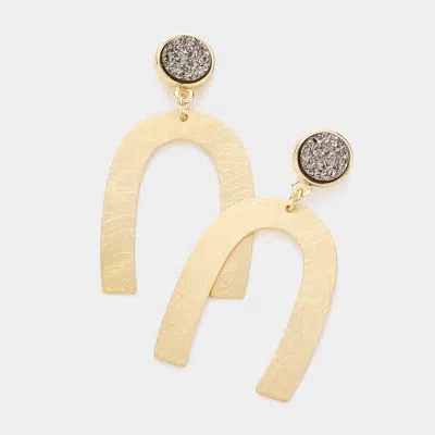 Fashnzfab Round Druzy Scratched Metal Arch Link Dangle Earrings - Hematite In Gold