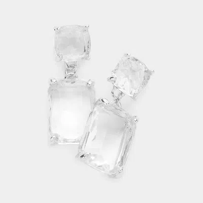 Fashnzfab Square Rectangle Glass Stone Link Drop Dangle Earrings - Silver In White