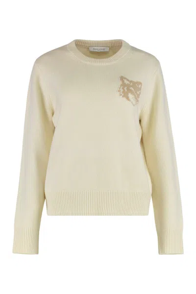 Maison Kitsuné Fox Head Wool Crewneck Jumper In Neutral