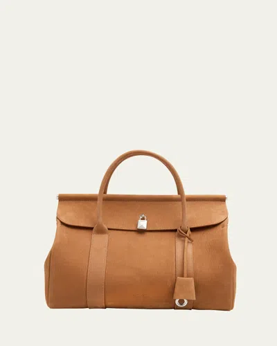 Loro Piana Loom Nubuck Zibeline Leather Top-handle Bag In Brown