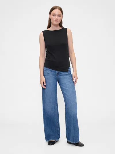 Gap Factory Asymmetrical Boatneck Button Top In Black