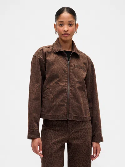 Gap Factory Cropped Print Denim Chore Jacket In Brown
