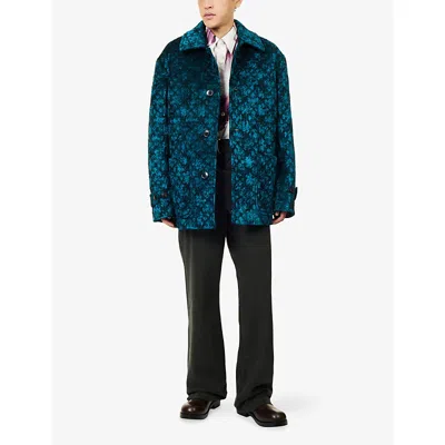 Dries Van Noten Mens Petrol Velvet Relaxed-fit Woven Jacket In Blue