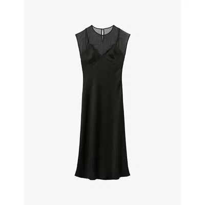 Claudie Pierlot Womens Black Flowy Lace-trim Organza Midi Dress In Black