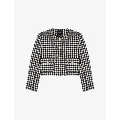 Maje Womens White / Black Houndstooth Round-neck Tweed Jacket In Black