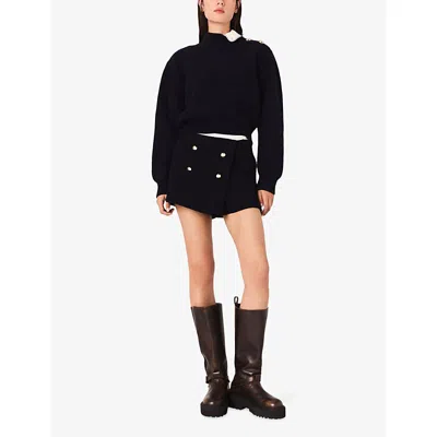 Maje Womens Navy Tweed Contrast-band Stretch-woven Shorts In Blue