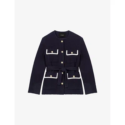 Maje Womens Navy Belted Patch-pocket Stretch-tweed Jacket In Blue