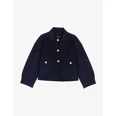 Maje Womens Navy Cropped Button-down Wool-blend Jacket In Blue