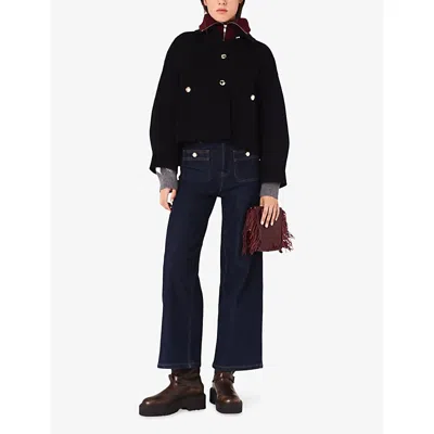 Maje Womens Navy Cropped Button-down Wool-blend Jacket In Blue