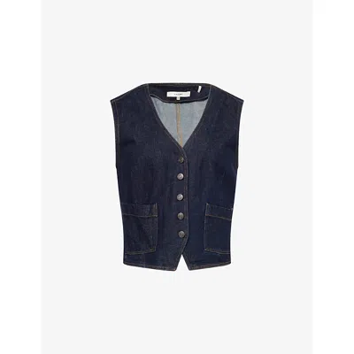 Frame Sleeveless Denim Vest Featuring Front Pockets In Blue