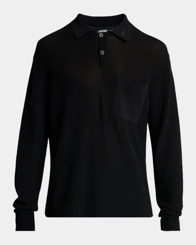 Jacquemus Men's The Tricot Knit Long-sleeve Pocket Polo Shirt In Black