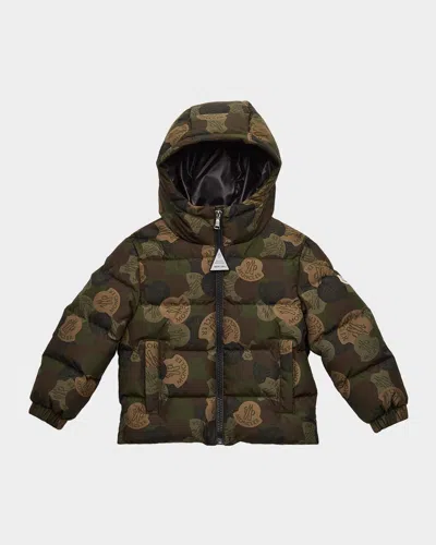 Moncler Boy's Escer Camo Logo-print Puffer Jacket In Green