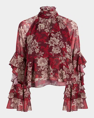 Cinq À Sept Gilded Paisley Tiered Ruffle-sleeve Blouse In Red