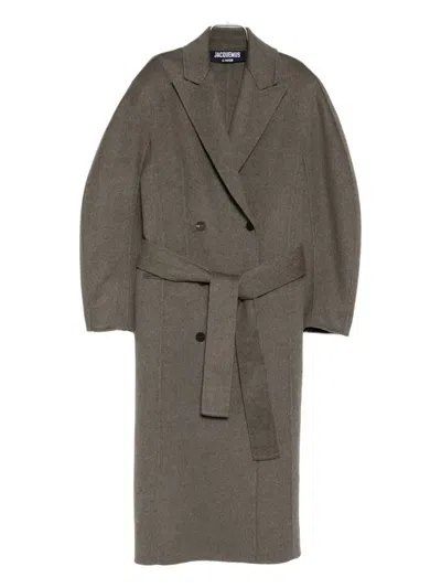 Jacquemus Long Double-breasted Coat Belted Waist In Gray