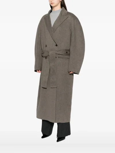 Jacquemus Long Double-breasted Coat Belted Waist In Gray
