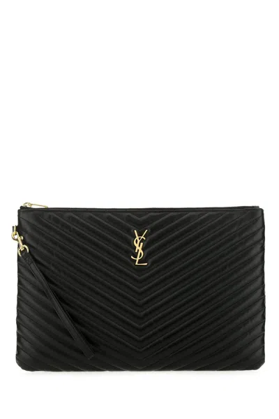 Saint Laurent Monogram Ysl Large Chevron Quilted Flat Wristlet Pouch Bag In Black