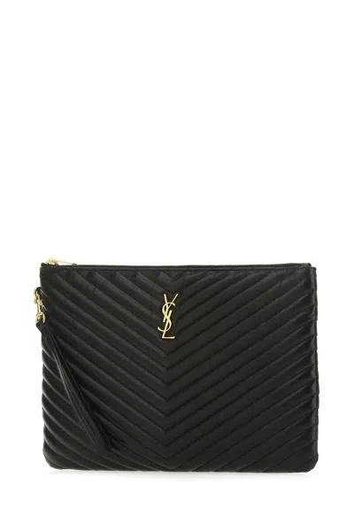 Saint Laurent Monogram Ysl Large Chevron Quilted Flat Wristlet Pouch Bag In Black