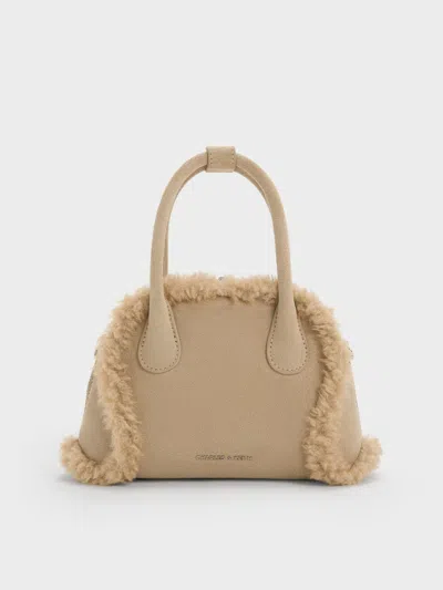 Charles & Keith - Nelly Recycled Suede & Faux Shearling Bowling Bag
