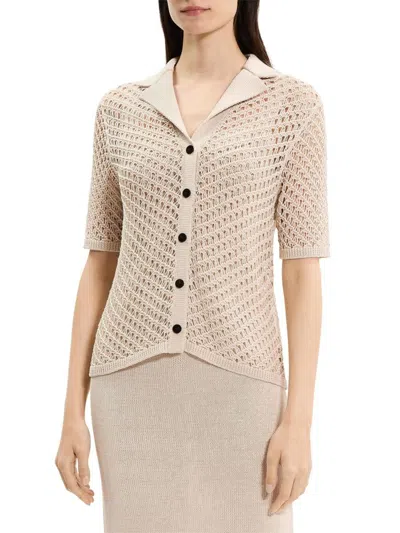 Theory Open Knit Camp Collar Top In Neutral