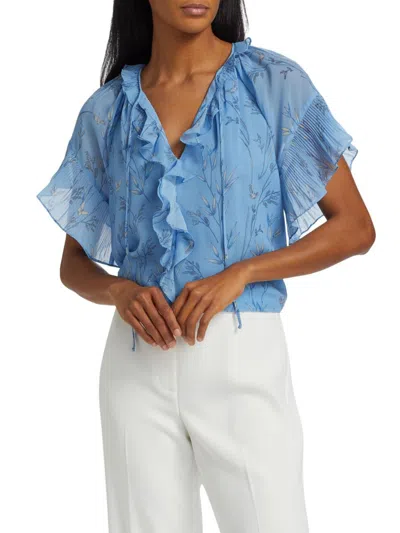 Kobi Halperin Plissé Ruffle Print Top In Blue