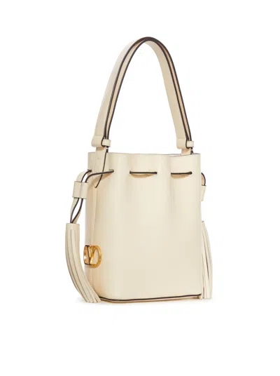 Valentino Cream V-logo Tassel Leather Bucket Bag In Brown
