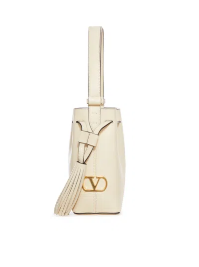 Valentino Cream V-logo Tassel Leather Bucket Bag In Brown