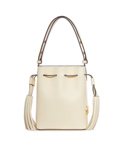 Valentino Cream V-logo Tassel Leather Bucket Bag In Brown