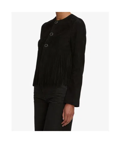 Frame Double-layered Fringed Leather Jacket In Black