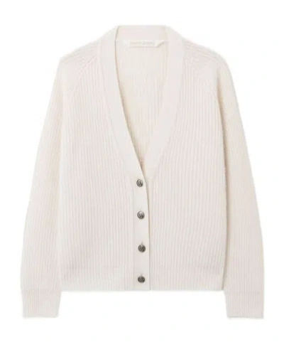 Palm Angels Long Sleeve V Neck Ribbed Knit Cardigan In White