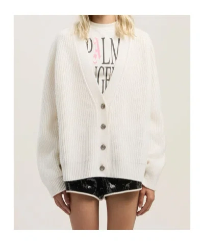 Palm Angels Long Sleeve V Neck Ribbed Knit Cardigan In White