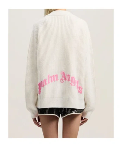 Palm Angels Long Sleeve V Neck Ribbed Knit Cardigan In White