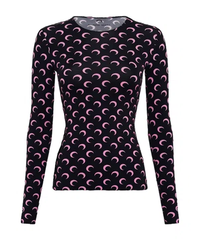 Marine Serre Moon Printed Jersey Long Sleeve Crewneck Top In Black