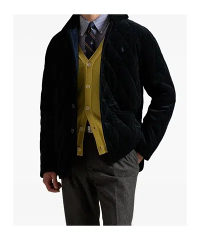 Polo Ralph Lauren Blue Jacket With Classic Collar And Pony Embroidery On The Front In Quilted Corduroy Man In Black