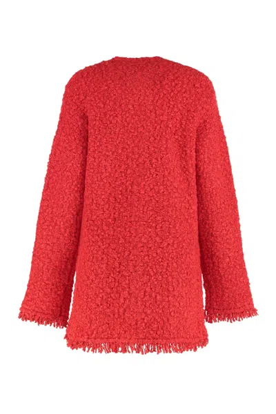 Fabiana Filippi Boucle Knit Jacket Fringe Pockets Texture In Red