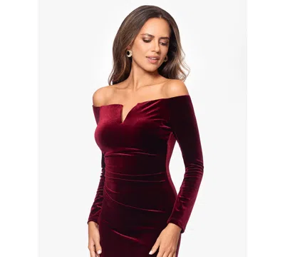 Xscape Petite Off-the-shoulder Sheath Dress In Burgundy