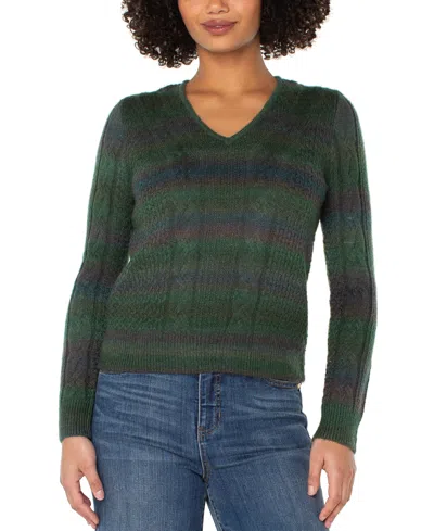 Liverpool Los Angeles V Neck Cable Knit Sweater In Green