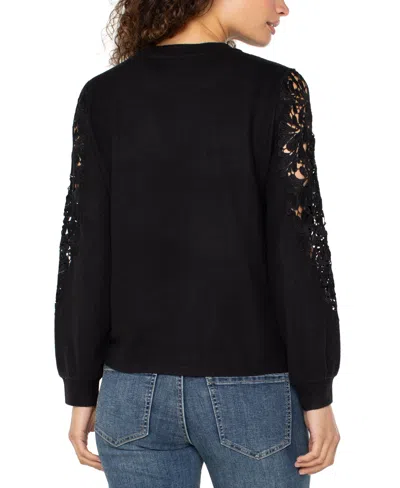 Liverpool Los Angeles Lace Inset Crewneck Knit Top In Black
