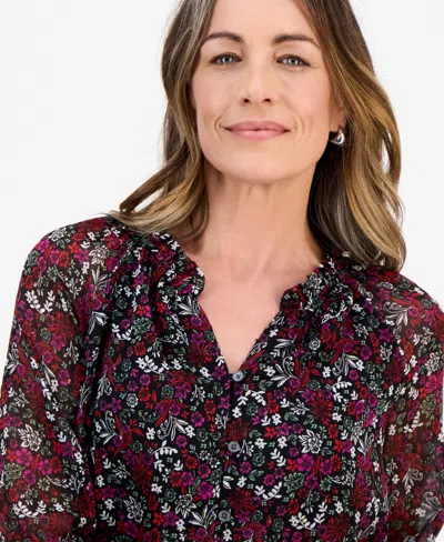 Style & Co Petite Romance Ditsy Shine Top, Macy's Exclusive In Burgundy