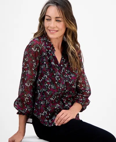 Style & Co Petite Romance Ditsy Shine Top, Macy's Exclusive In Burgundy