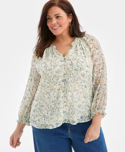 Style & Co Plus Size Printed Ruffled Top, Macy's Exclusive In Neutral