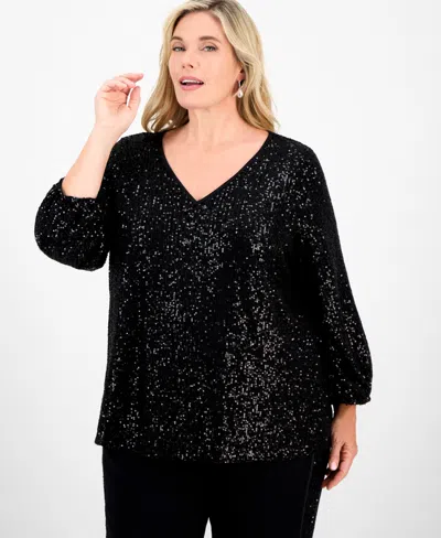 Jm Collection Plus Size Sequinned V-neck 3/4-sleeve Top, Macy's Exclusive In Black