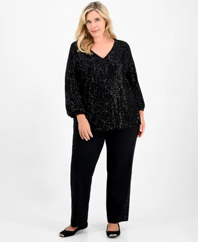 Jm Collection Plus Size Sequinned V-neck 3/4-sleeve Top, Macy's Exclusive In Black
